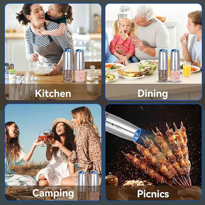 Rechargeable Electric Salt and Pepper Grinder set of 2, gravity electric salt and pepper grinder set, Adjustable Roughness, LED Light, 2 Pack, (Silver)