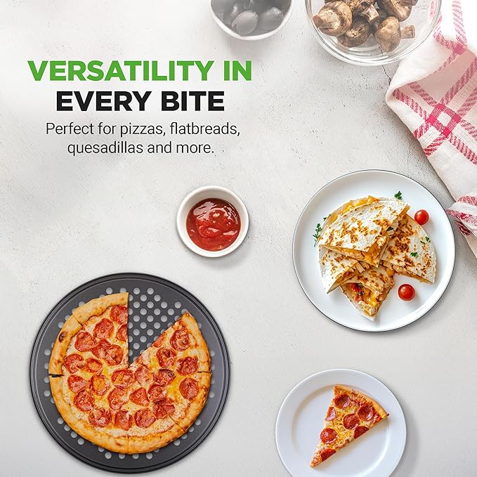 NutriChef 12.8 Inch Nonstick Pizza Pan for Oven - Carbon Steel Pizza Baking Tray with Airflow Holes - Premium Bakeware for Fresh & Frozen Pizza, Dishwasher Safe - Gray