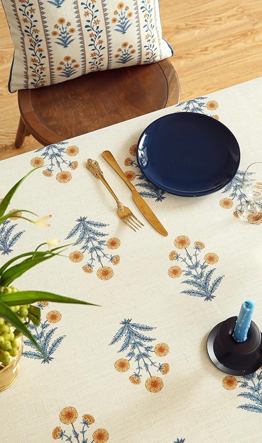 ISAENNE Designer French Pale Yellow Table Cloth for Rectangle Table,Linen Floral Tablecloth,Wrinkle Resistant Decor Tablecloths for Dining Thanksgiving Banquet Kitchen,55"*79"-Estevan A