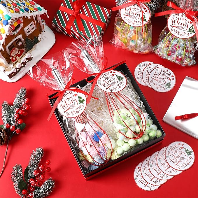12 Sets 12 Inch Christmas Whisks Gifts DIY Fillable Christmas Tree Ornaments Xmas Colored Silicone Whisks for Cooking Heat Resistant Egg Beaters with Card Rope Bag for Candy Holder
