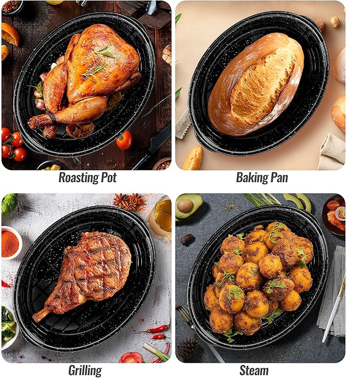 Roasting Pan with Lid & Rack 18 Inch Extra Large Deep Oven Baking Pot, Enamel Granite Non-Stick Oval Carbon Steel Pot for Turkey Chicken Ham Steak Non-Toxic for Mother Day Gift Roaster Pan