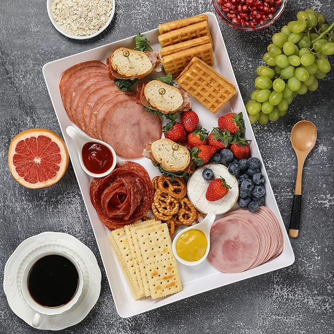 8 Pack, 16" x 11" Large White Serving Trays Set - Reusable Plastic Serving Platters for Cookie, Appetizer, Charcuterie, Snack, Dessert, Party Food Display - Stackable Kitchen CounterTop Tray, BPA Free