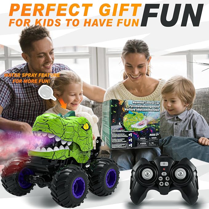 BEZGAR Monster Truck Toys - Remote Control Monster Truck with Spray, Light, Music, Dinosaur Toys for Kids, 1:20 Scale RC Truck with 360° Spins and Drifting, Remote Control Car for Boys 4-7 Green