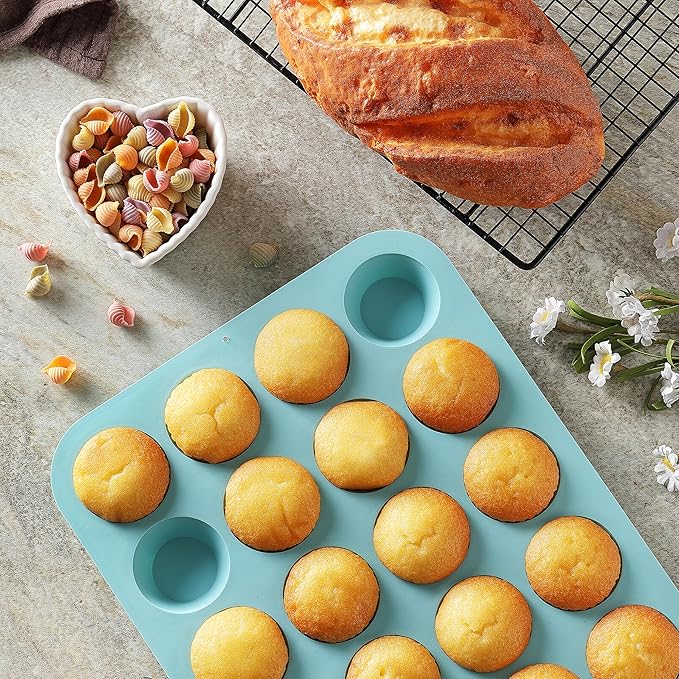 2PCS Silicone Mini Muffin & Cupcake Pan Set, Little Cook 24 Cups Mini Muffin Baking Pan, Non-Stick, BPA Free, Dishwasher Safe, Perfect for Making Muffin, Cakes, Tart (Orange + Peacock Blue)
