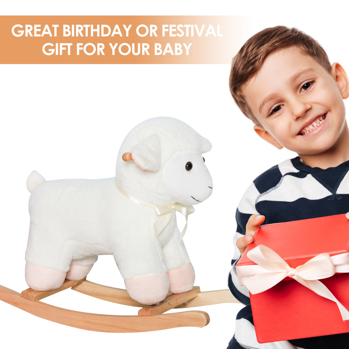 Lamb Rocking Horse Sheep, Nursery Stuffed Animal Ride On Rocker for Kids, Wooden Plush, White