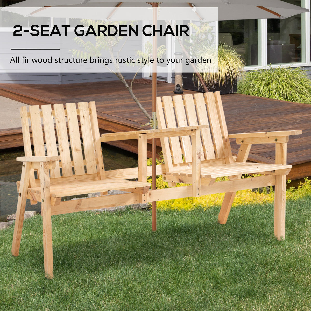 Patio Bench, Garden Bench with Middle Table and Umbrella Hole, Wooden Outdoor Bench for Patio, Porch, Poolside, Balcony, Natural