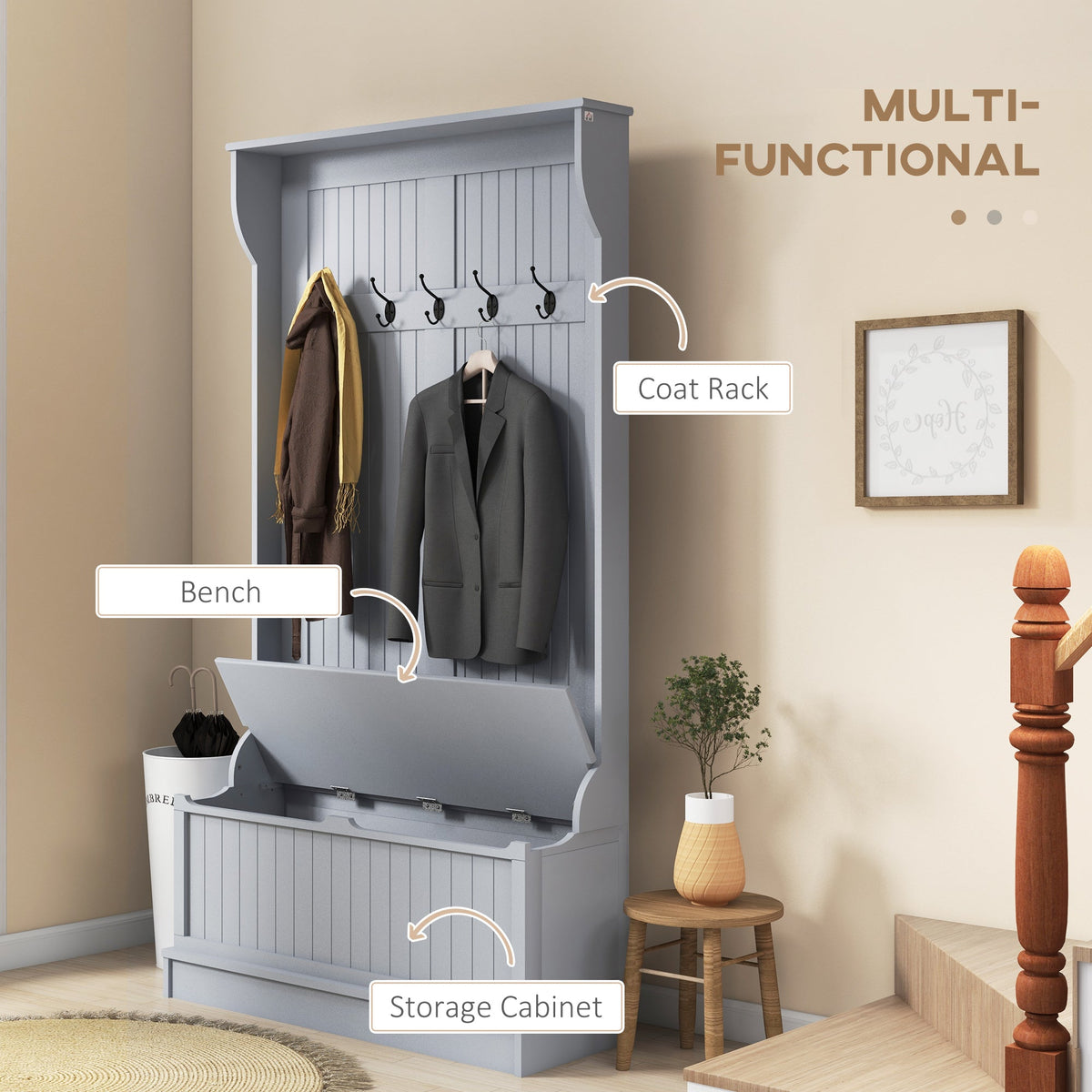 3-In-1 Entryway Bench with Coat Rack, Hall Tree with Bench and Shoe Storage, 5 Hooks for Hallway