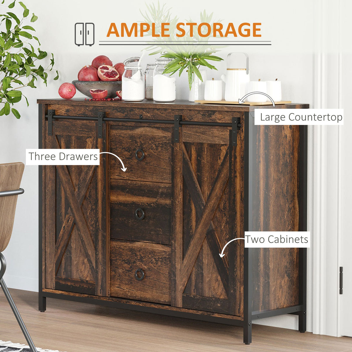 Buffet Cabinet Kitchen Sideboard with Sliding Barn Doors, Brown