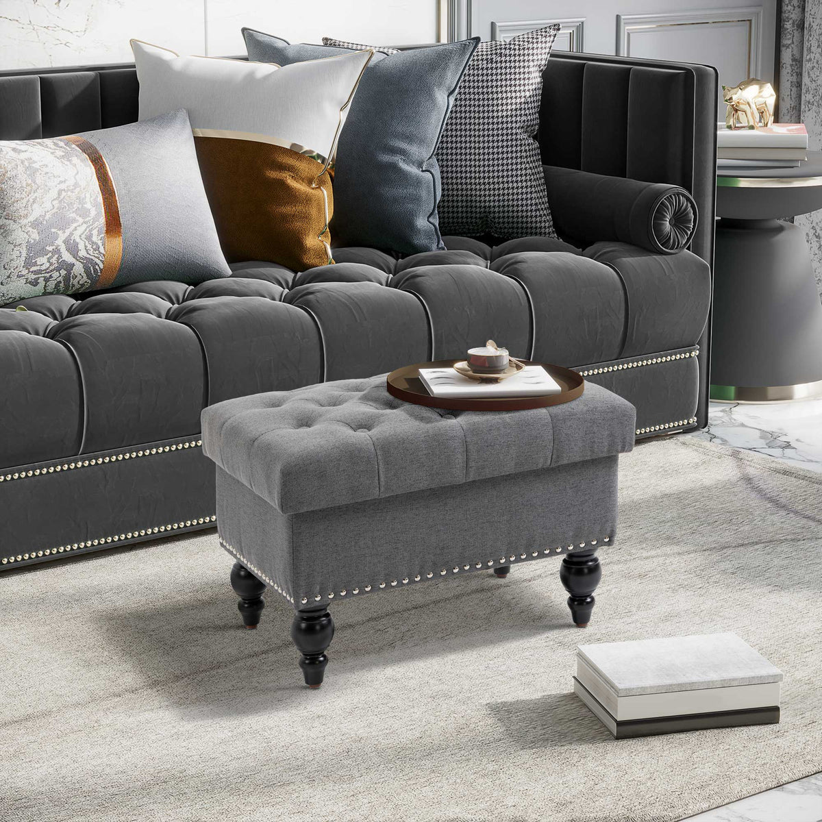 Ottoman with Storage for Living Room, 25" Storage Ottoman with Removable Lid, Button-Tufted Fabric Bench for Footrest and Seat with Wood Legs, Gray