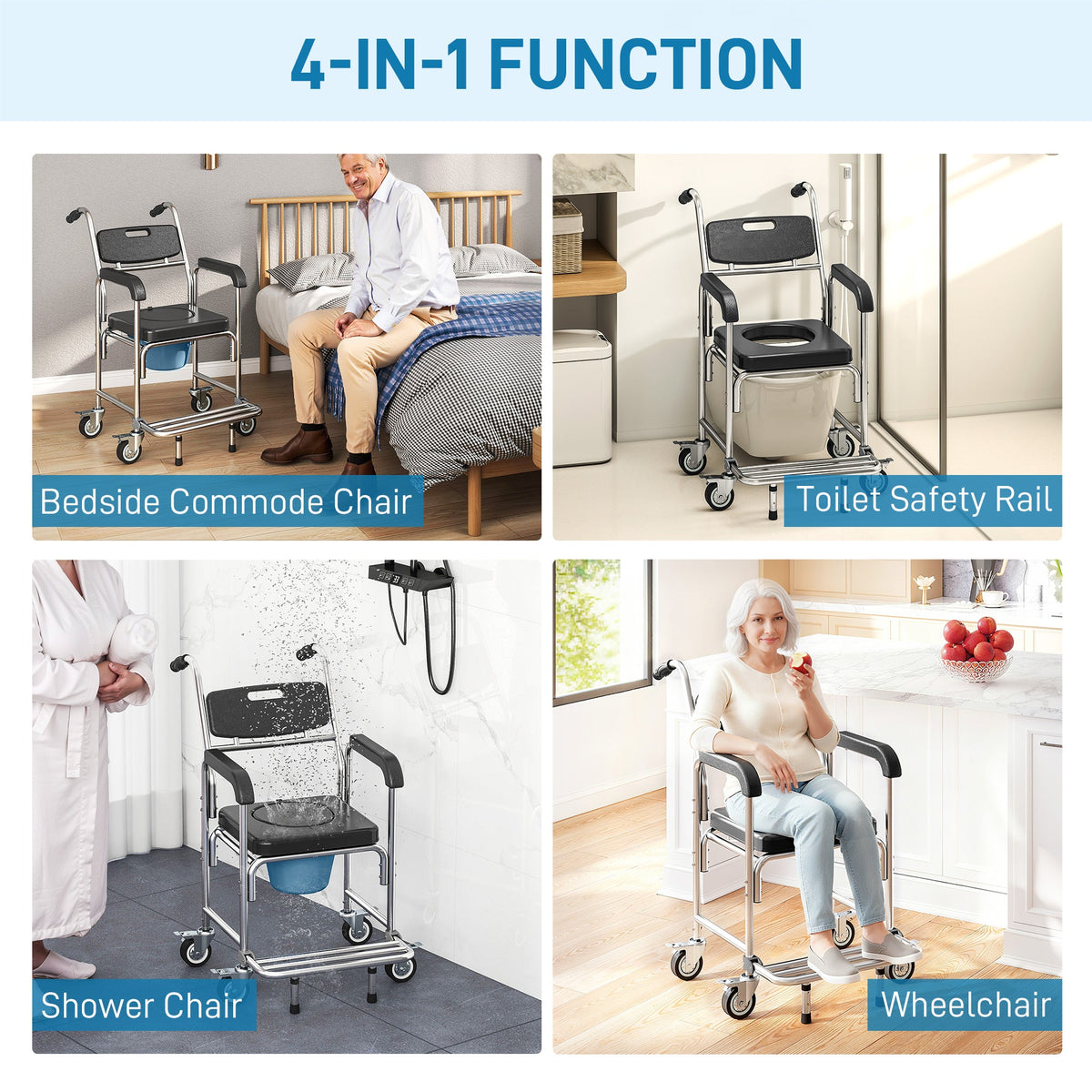 3-in-1 Shower Commode Mobility Chair, Accessible Transport Commode Medical Rolling Chair, Black