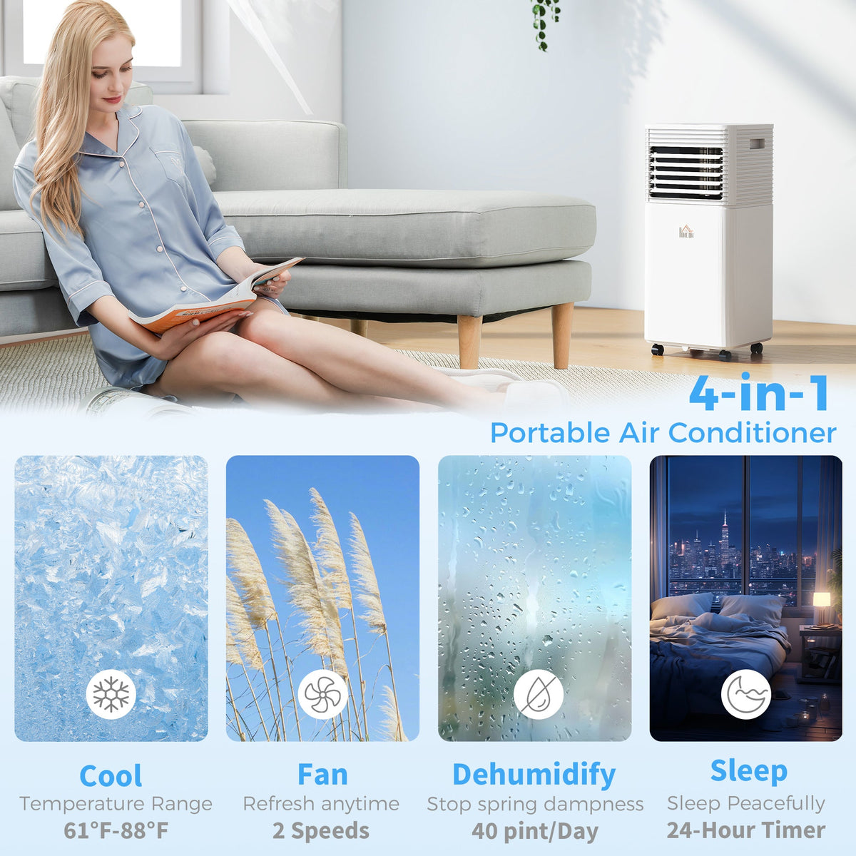 10000 BTU Mobile Air Conditioner for Cooling and Dehumidifying, Remote Control, 24H Timer, LED Display, White