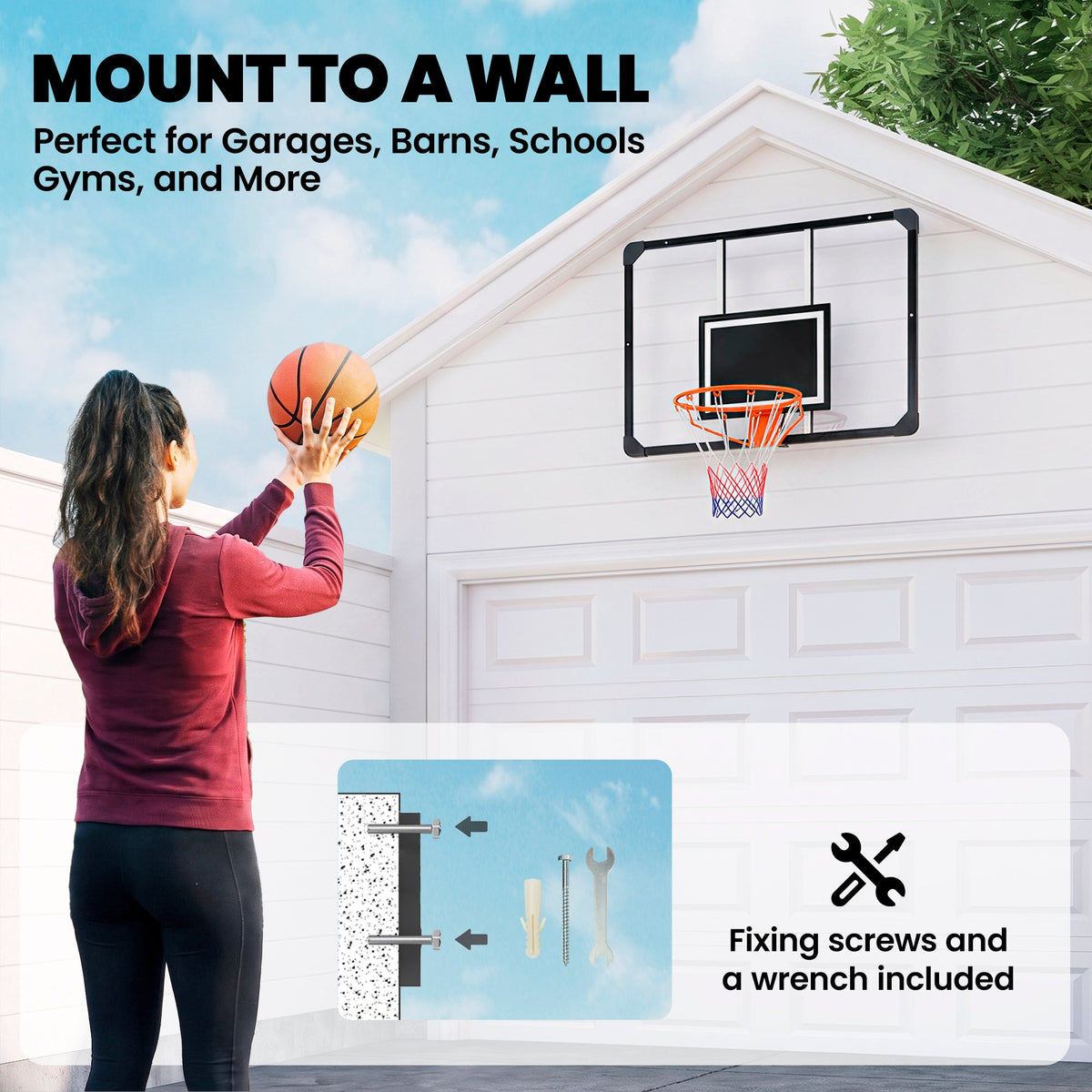 Wall Mounted Basketball Hoop with Shatter Proof Backboard, Durable Rim and All-Weather Net for Indoor and Outdoor Use
