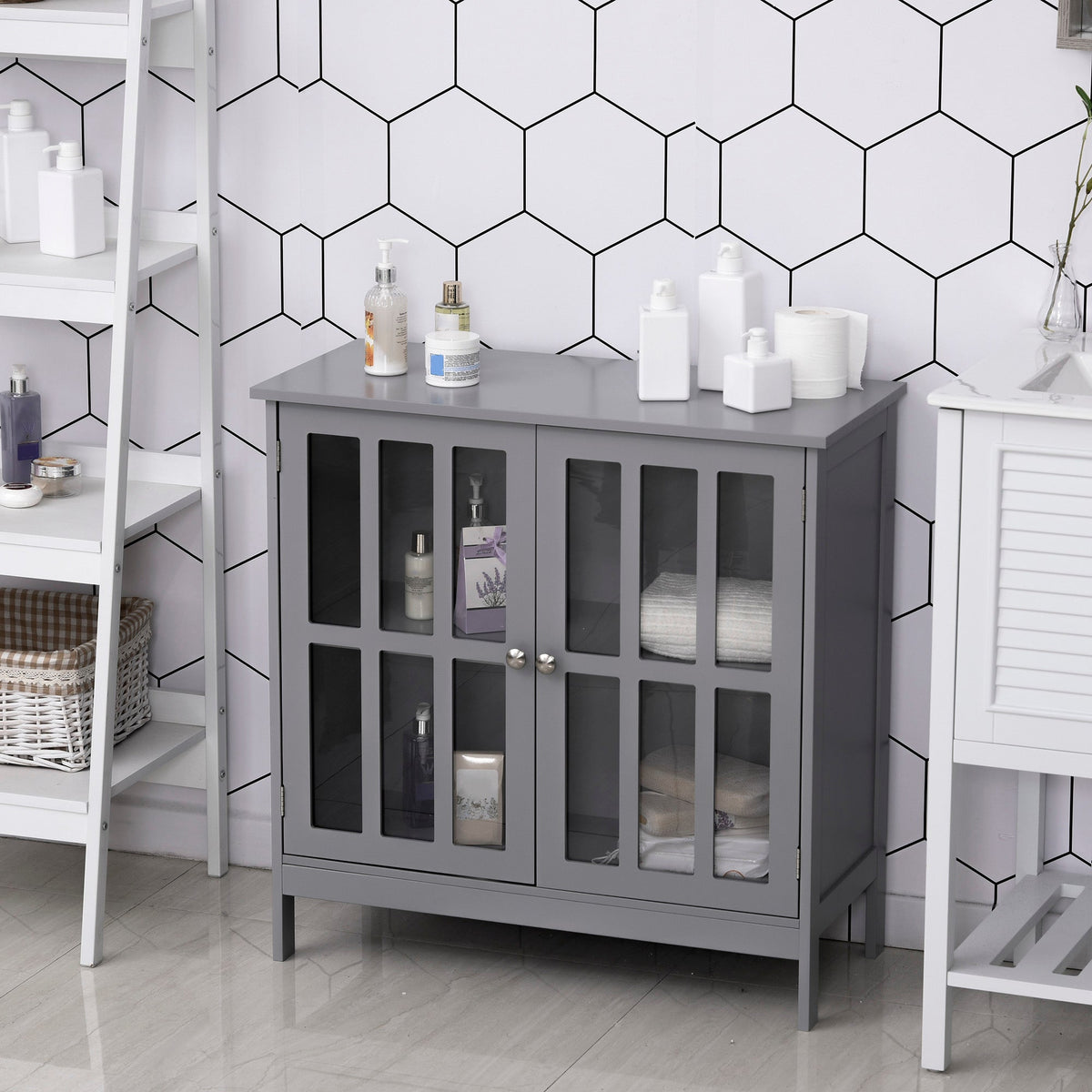 Contemporary Storage Cabinet, Cupboard Buffet Credenza with 2 Doors for Kitchen, Hallway, Living Room, Gray