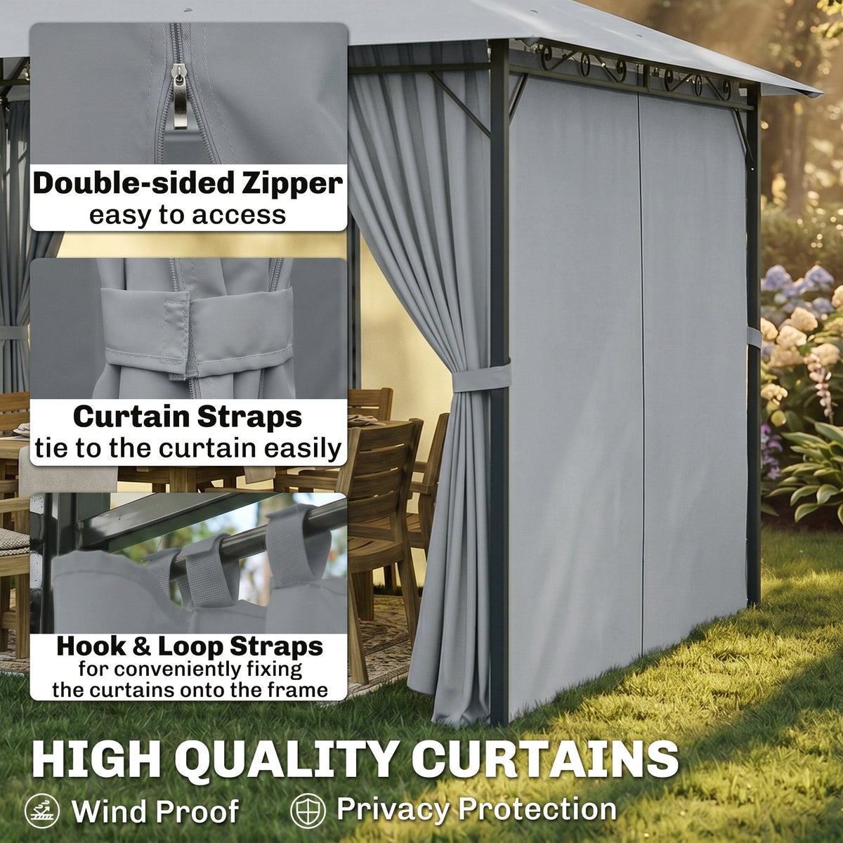 10' x 13' Outdoor Soft Top Gazebo Pergola with Curtains, 2-Tier Steel Frame Gazebo for Patio, Sage Gray