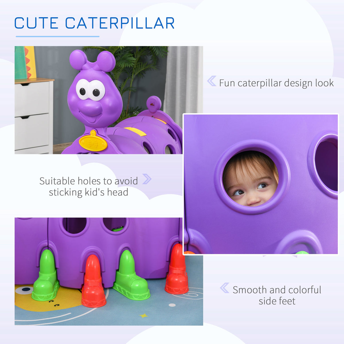 Caterpillar Play Tunnel, Toddler Tunnel for Kids Crawl and Climb Through, Kids' Play Structure Indoor Outdoor, 2 Sections, Purple