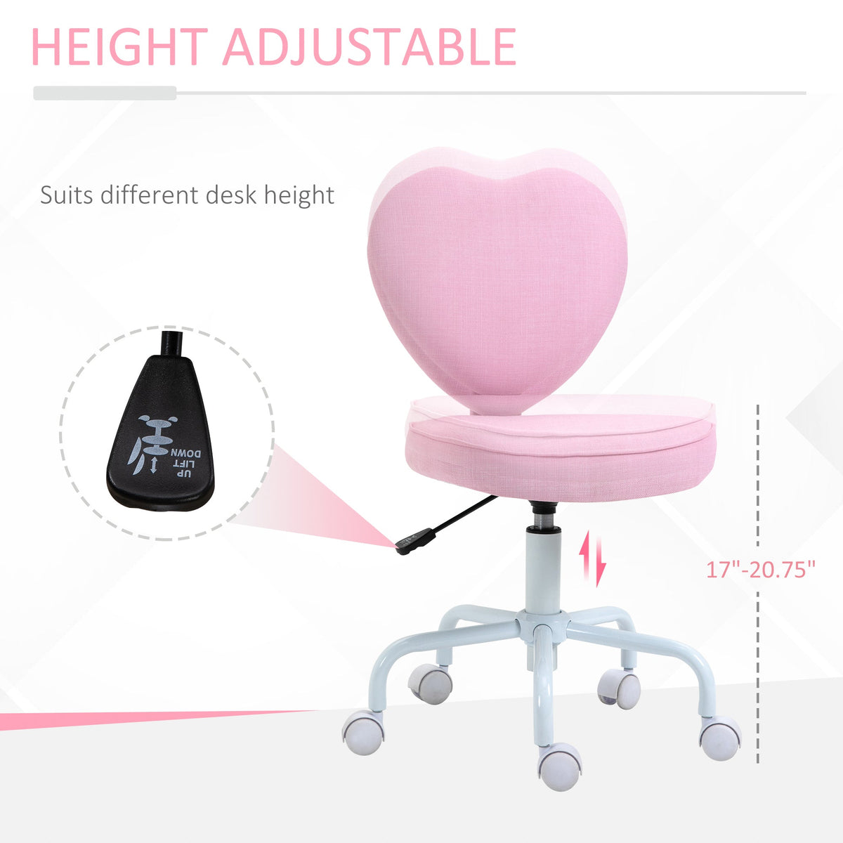 Heart Love Shaped Back Design Office Chair with Adjustable Height, Pink