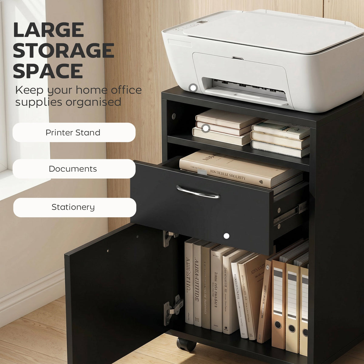 Mobile Storage Cabinet Organizer with Drawer and Cabinet, Printer Stand with Castors, Black
