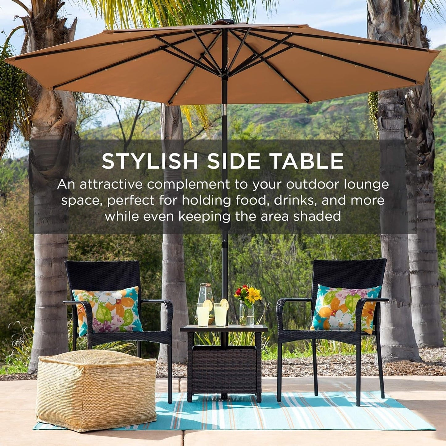 SUPQ Wicker Side Table with Umbrella Hole, Square PE Rattan Outdoor End Table for Patio, Garden, Poolside, Deck w/UV-Resistant Frame, Storage Space - Brown