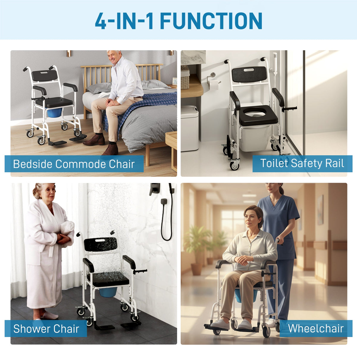 Rolling Shower Mobility Chair for Seniors, Bedside Commode Chair with Locking Wheels, Seat, Backrest, Arms, Black