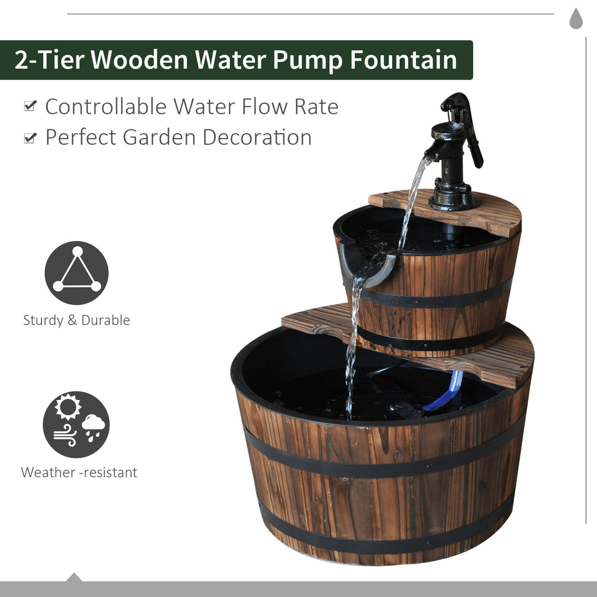 Wood Freestanding Fountain with 2 Tier Waterfall Barrel, Electric Pump for Garden Decor, Lawn, Backyard