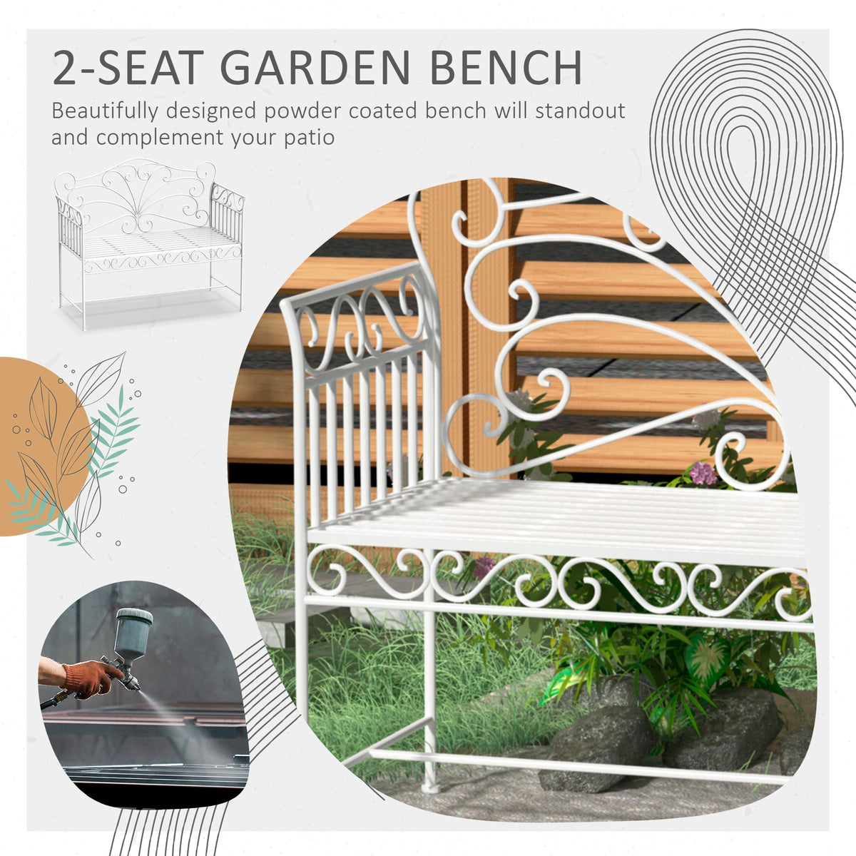 43" Garden Bench, Outdoor Patio Bench with Armrests, Metal Porch Bench for Backyard, Poolside, Lawn, Cream White