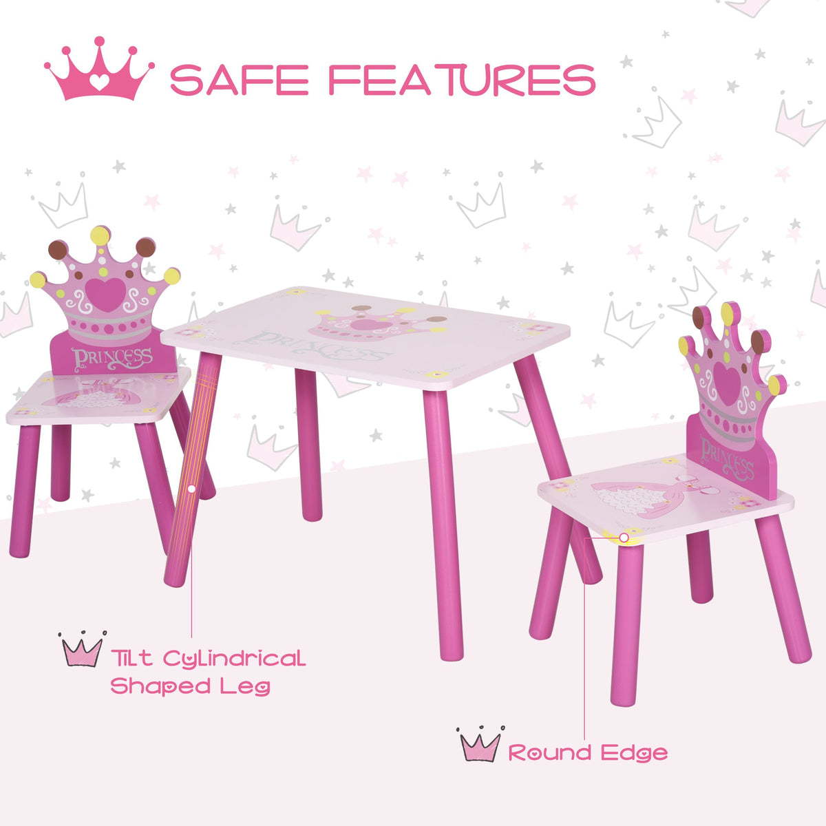 3-Piece Kids Wooden Table and Chair Set with Crown Pattern Gift for Girls Toddlers Arts Reading Writing Age 2-4 Years Pink