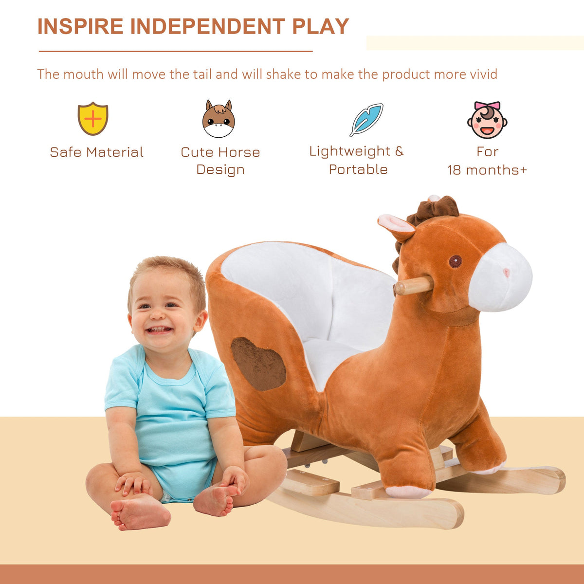 Kids Ride On Rocking Horse, Plush Animal Toy Sturdy Wooden Rocker with Songs for Boys or Girls