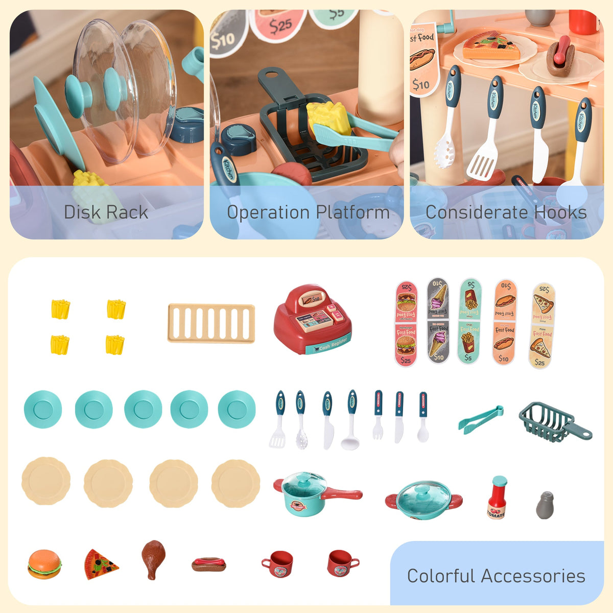 Kids Kitchen Food Stand with Play Food, Cashier Register, Accessories Ages 3-6