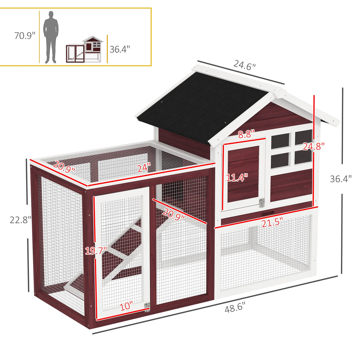 49" Wooden Rabbit Hutch Bunny Cage with Waterproof Asphalt Roof, Fun Outdoor Run, Removable Tray and Ramp, Brown