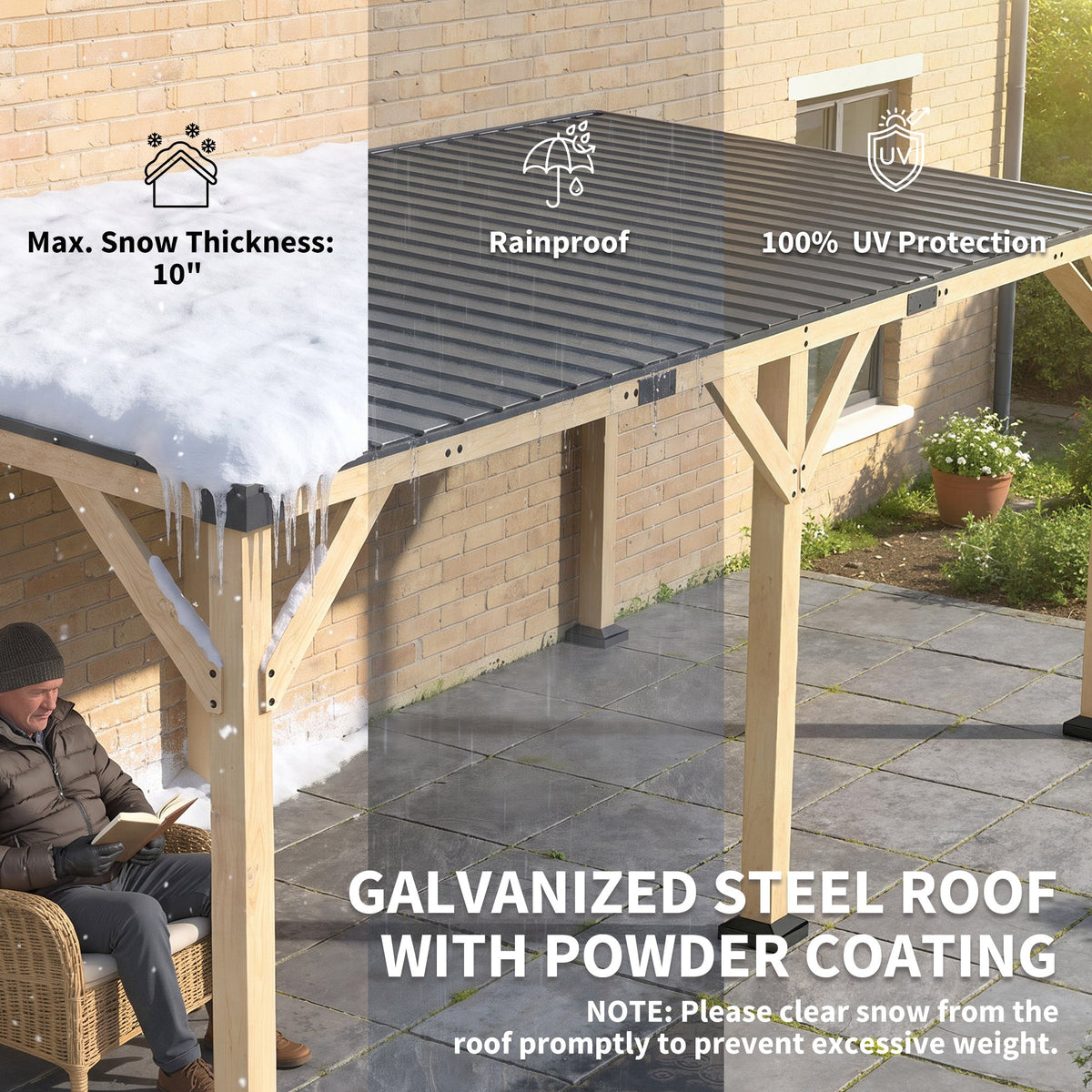10' x 20' Wooden Gazebo, Hardtop Lean-to Gazebo Pergola with Galvanized Steel Sloped Roof, Light Walnut