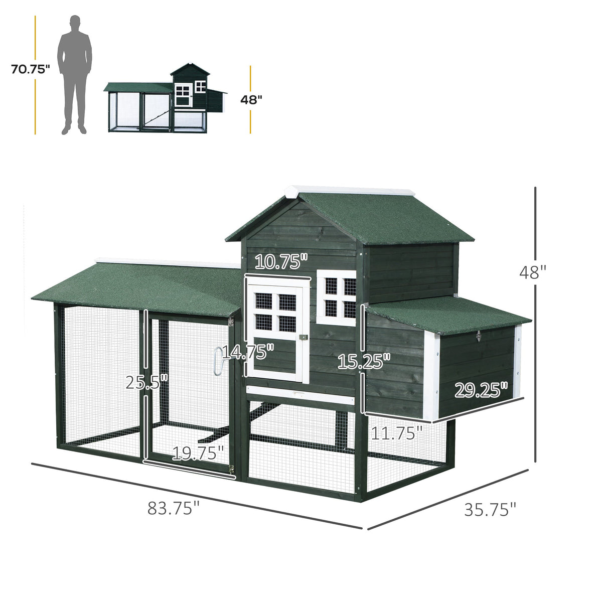 84" Wooden Chicken Coop, Hen House Outdoor with Run Nesting Box, Asphalt Roof, Removable Tray, Ramp, Poultry Cage for 2-3 Chickens, Green