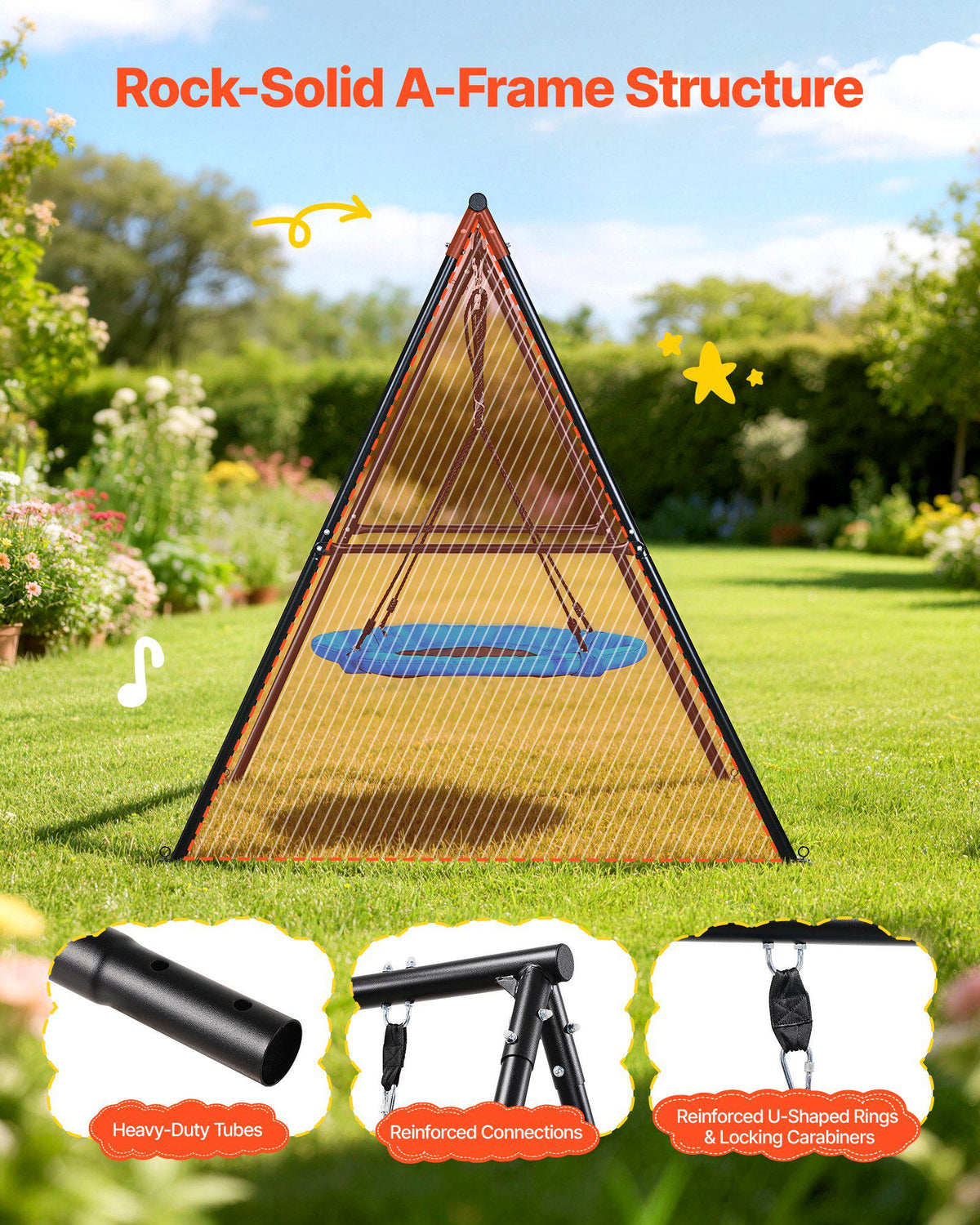 Swing Set for Backyard, 40 in Saucer Swing Seat with Heavy Duty A-Frame Metal Stand, 440 lbs Load Capacity, Reinforced with Spiral Ground Anchors, Swingset Outdoor for Kids, Black and Blue