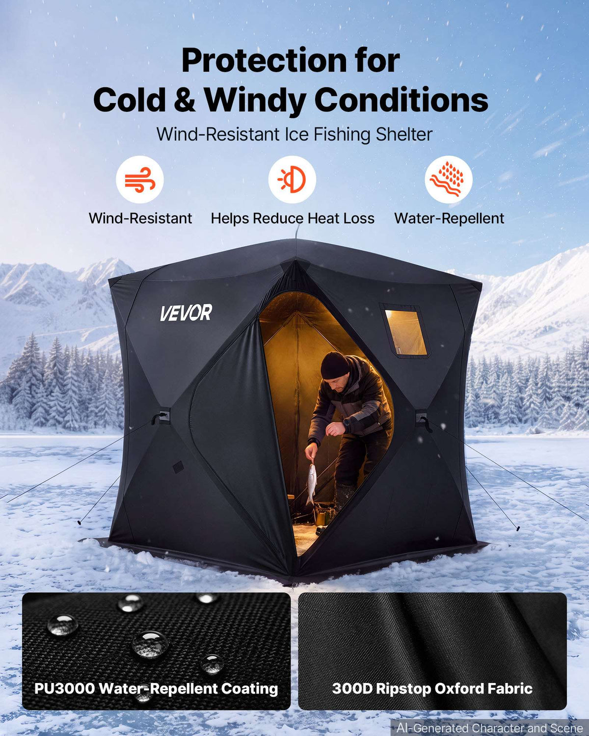Pop Up Ice Fishing Tent 3-4 Person 71 x 71 x 79 in Portable Shelter, for Winter Fishing, 34 sq ft Area, 300D Oxford Fabric Hub-Style Shanty, Ice Cube with Anchors, Ropes, Carrying Bag, Black