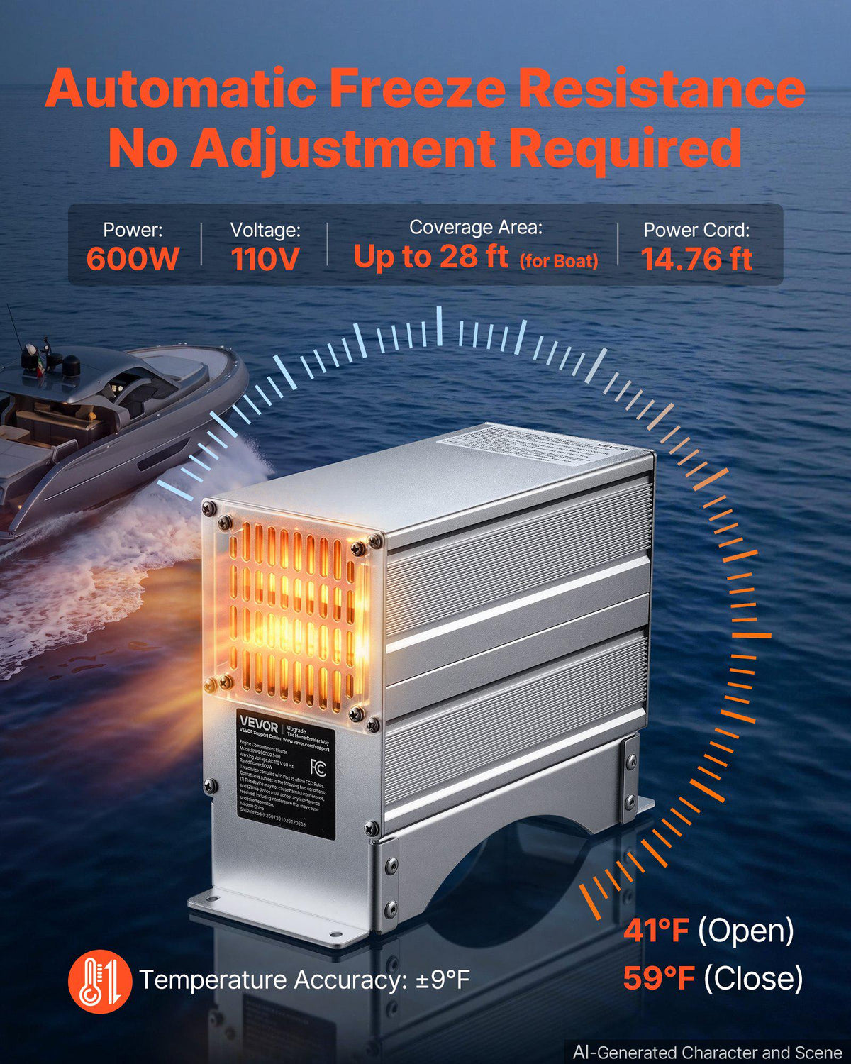 Boat Engine Compartment Heater, 600W Bilge Heater Fit Boats Up to 28FT, with Self-Regulating PTC Element & Automatic Thermostat, IP68 Waterproof Fan, Winter Freeze Protection for Boats RVs
