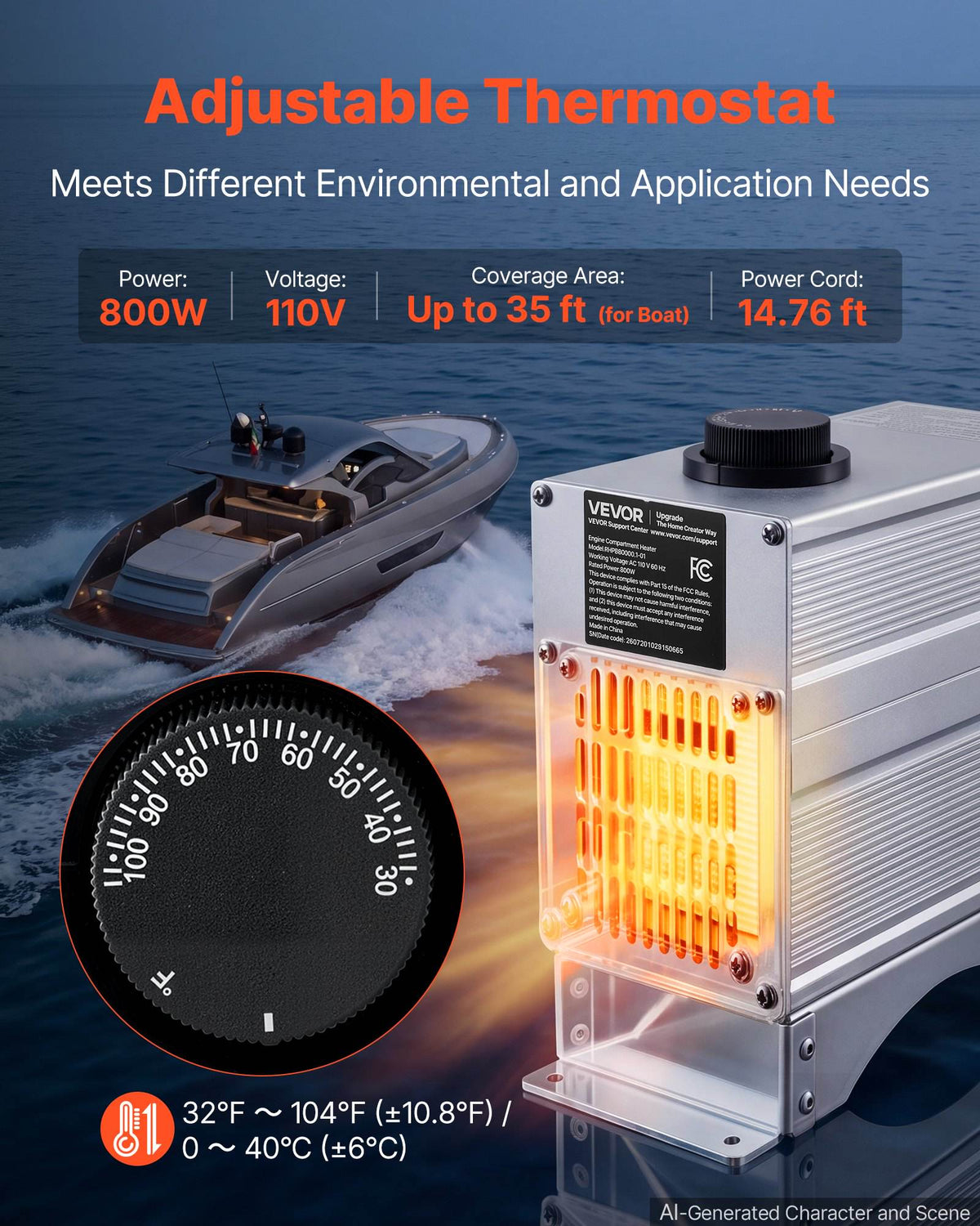 Boat Engine Compartment Heater, 800W Bilge Heater Fit Boats Up to 35FT, Self-Regulating PTC Element & 32-104°F Adjustable Thermostat, IP68 Waterproof Fan, Winter Freeze Protection for Boats RVs