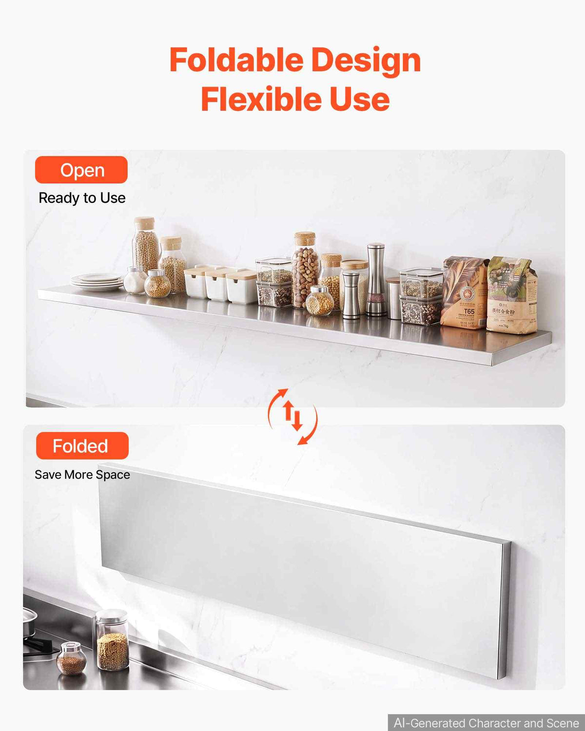 Stainless Steel Shelf 12" x 72" Foldable Wall Mount Floating Shelf, Heavy-Duty Commercial Shelves with Brackets, 300LBS Capacity, Easy to Clean, Suitable for Restaurant, Home Kitchen, Garage