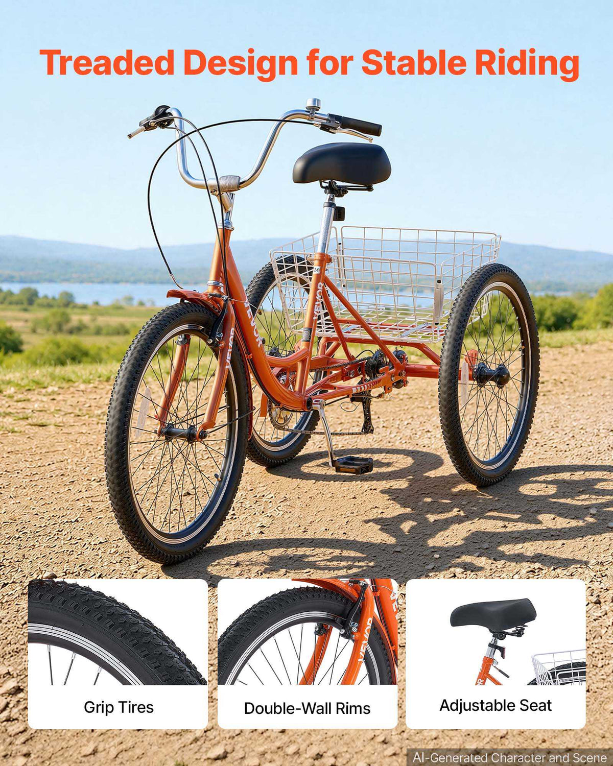 Adult Tricycle 24 inch 7 Speed Trikes for Adult 3 Wheel Cruiser Bike, w/ Cargo Basket, Adjustable Seat, and Double-Wall Wheel Rims, Carbon Steel Shopping Tricycles for Women, Men, Senior (Red)