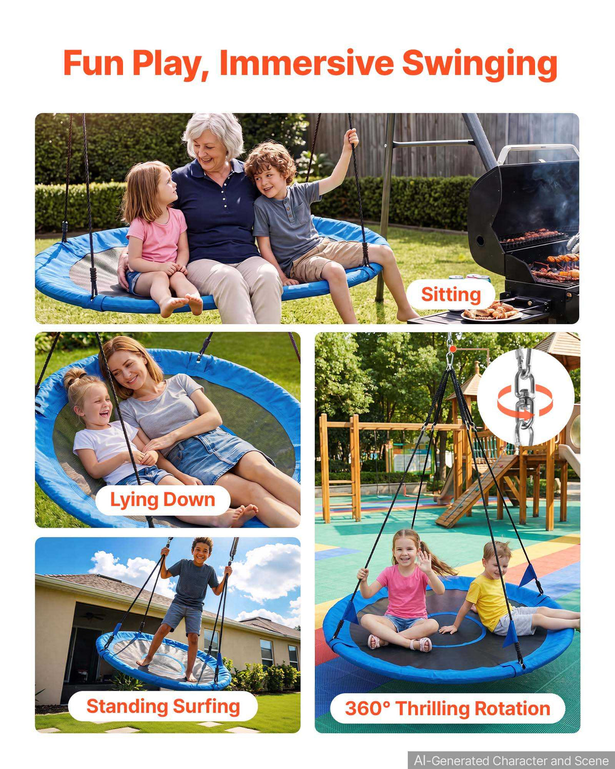 Tree Swing 60" Saucer Swing for Kids & Adults 700 lbs Weight Capacity, for Backyard Outdoor & Indoor, 360° Rotation, 900D Oxford Fabric Round Seat with 2 Hanging Straps & Adjustable Ropes, Blue