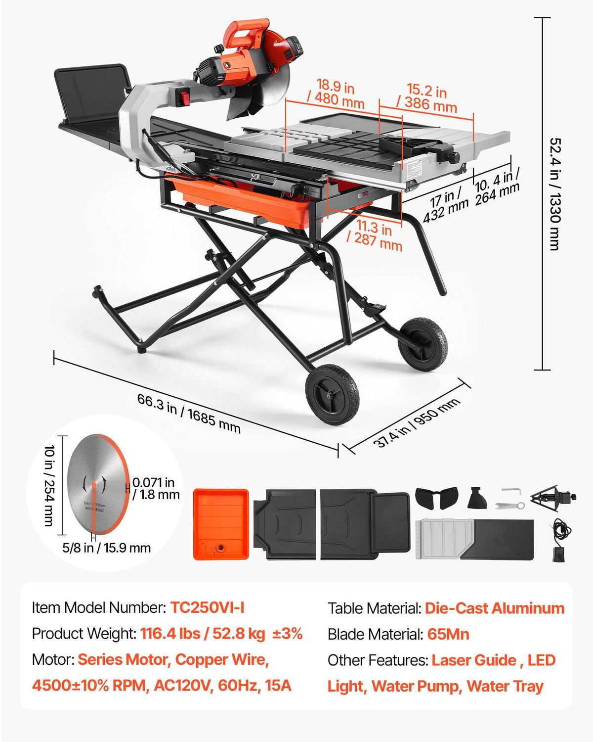 Wet Tile Saw with Stand 10 Inch 65Mn Steel Blade Tile Cutter Wet Saw, for Cutting Tiles and Stones, 0-45° Adjustable Bevel Cut, 15-Amp, 4500 RPM Copper Motor, with Water Reservoir and Casters