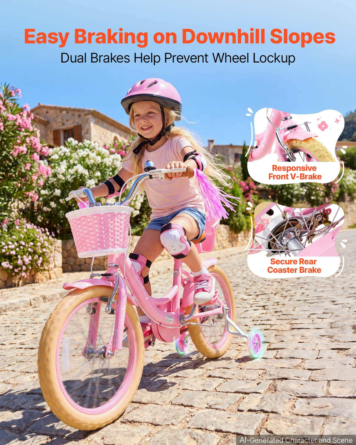 Kids Bike, 16 Inch Children Bicycle, Training Wheels Princess Pink, for Girls Ages 4-7, Adjustable Seat, Front Brake and Rear Drum Brake, Front Basket, Doll Seat, High-Carbon Steel Frame