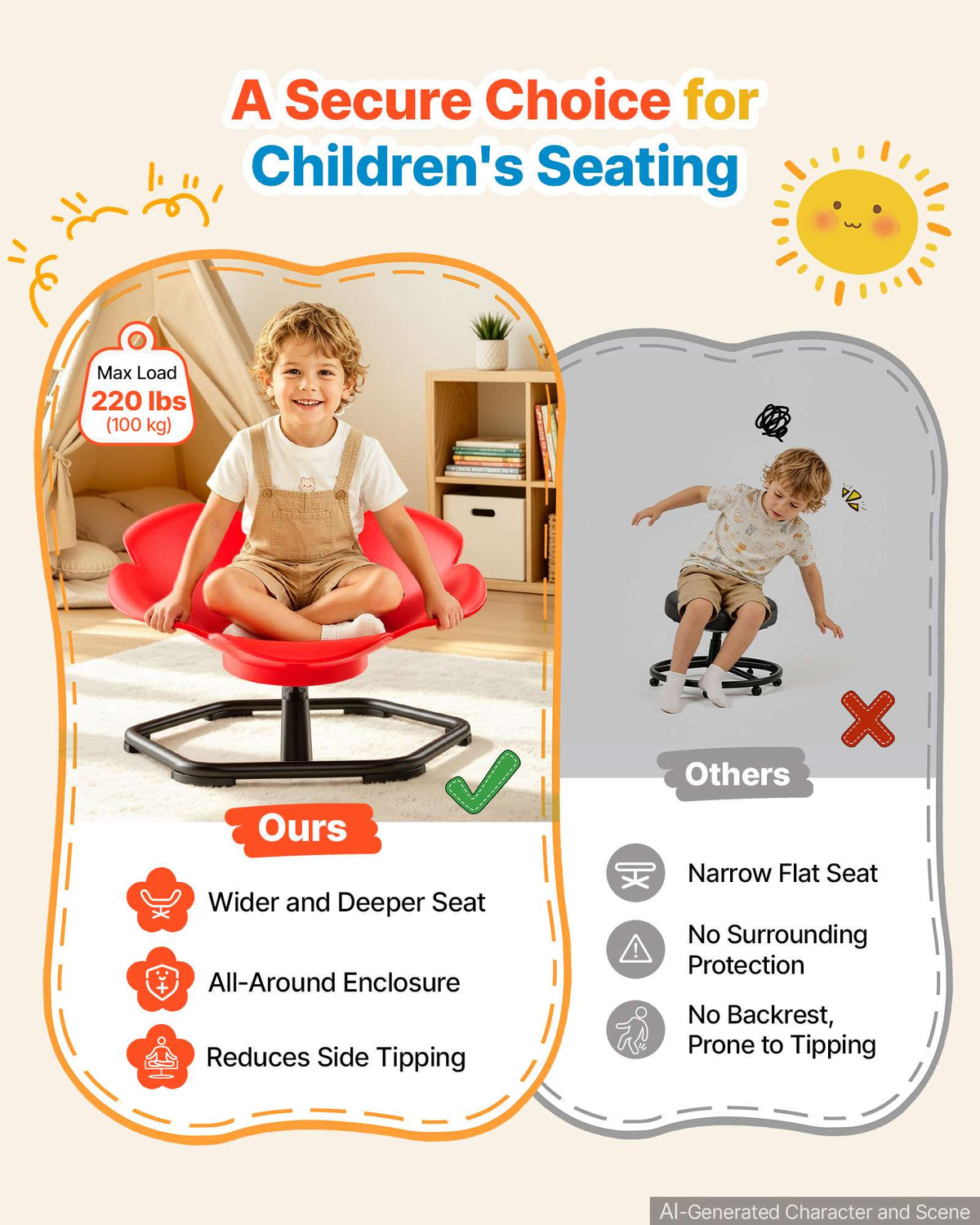 Sensory Spinning Chair for Children Sensory Development Chair 220 LBS, Sit and Spin Swivel Seat for Children, Secure & Supportive Backrest, Training Body Coordination, 25.6" L x 25.6" W, Red