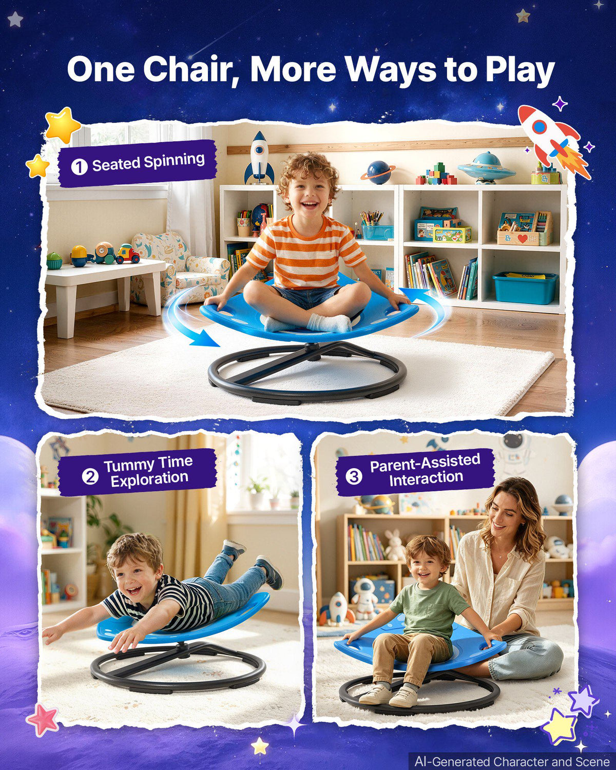 Sensory Spinning Chair for Children Sensory Development Chair 165 LBS, Sensory Swivel Seat for Children, Glow in the Dark, Training Body Coordination, 20.4" L x 20.5" W Rocket Shape, Blue
