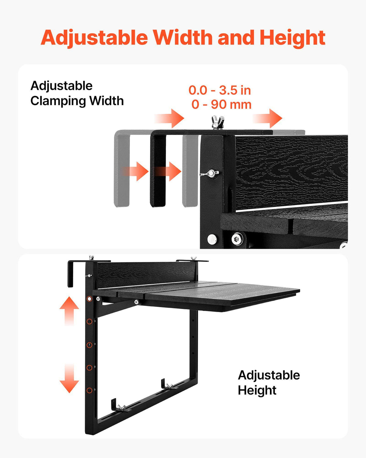 Balcony Hanging Table 40" x 15" 60 lbs Folding Railing Bar Table, for Outdoor Patio Garden Deck Use, Fits 0-3.5" Rails, 5-Level Adjustable Height, Durable Wood-Plastic Composite Material