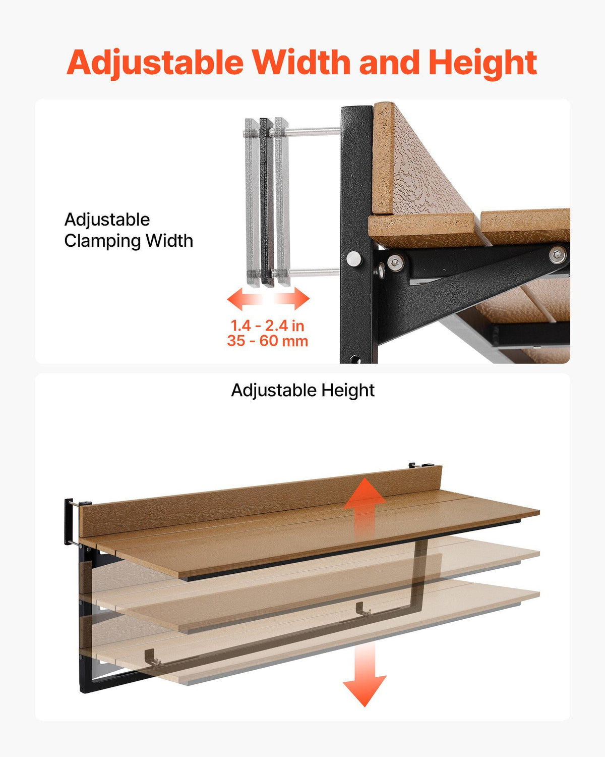 Balcony Hanging Table 47.2" x 14.6" 60 lbs Folding Railing Bar Table, for Outdoor Patio Garden Deck Use, Fits 1.4"-2.4" Rails, 5-Level Adjustable Height, Durable Wood-Plastic Composite Material