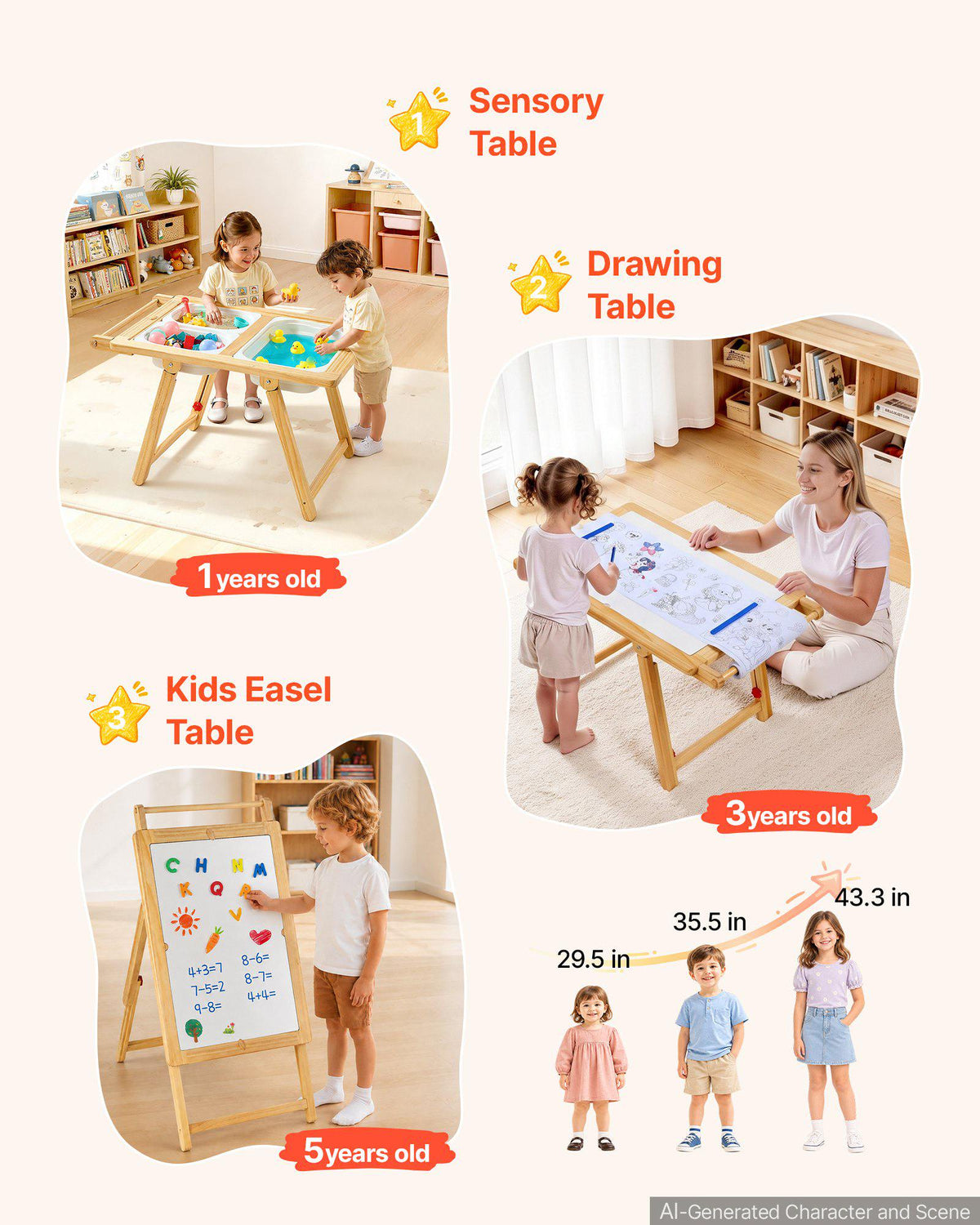 Sensory Table for Toddlers, Wooden Kids Activity Table and Art Easel with Reversible Double-Sided Board, Storage Bins, for Boys and Girls Playing Sand and Water, Drawing, Studying, Dining