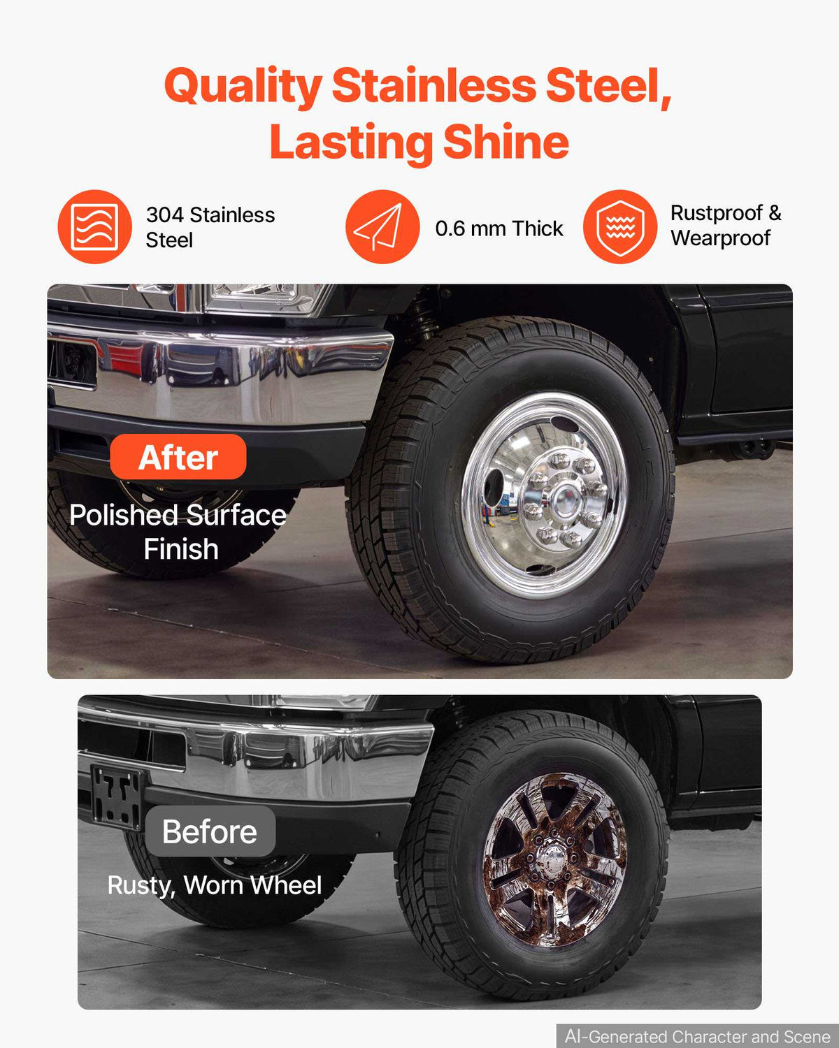 16-Inch Wheel Simulators 8 Lug Stainless Steel Front and Rear Wheel, Fit for 1992-2016 and 2018-2021 Ford E350/E450 Models, 4 Hand Holes, Mirror Polished Finish, Bolt On Hubcaps Covers, 4pcs