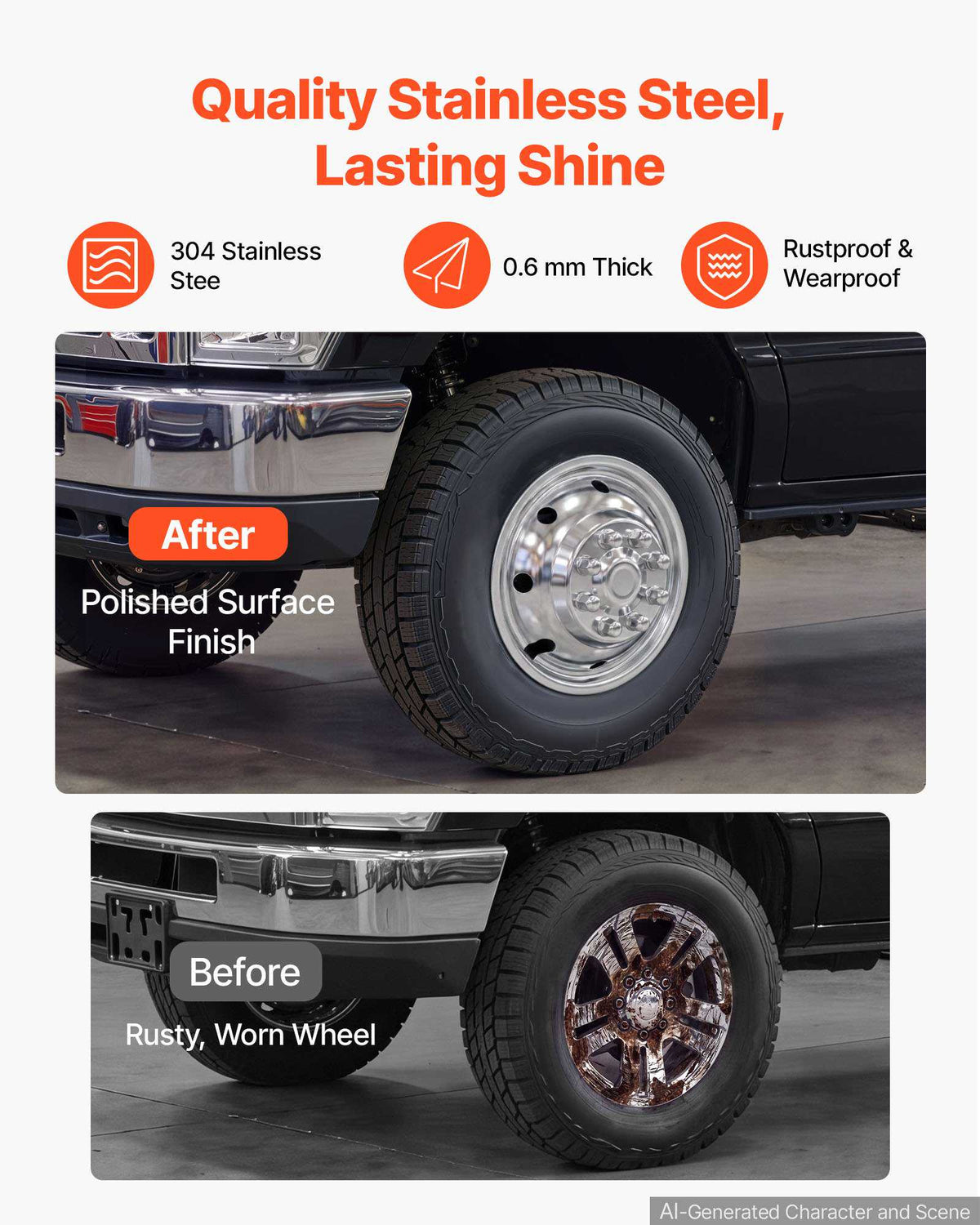 16-Inch Wheel Simulators 8 Lug Stainless Steel Front and Rear Wheel, Fit for 1974-1998 Ford F350, 1992-2021 Ford E350/E450, 1974-1999 Dodge Ram 3500, 4 Hand Holes, Polished Hubcaps Covers, 4pcs