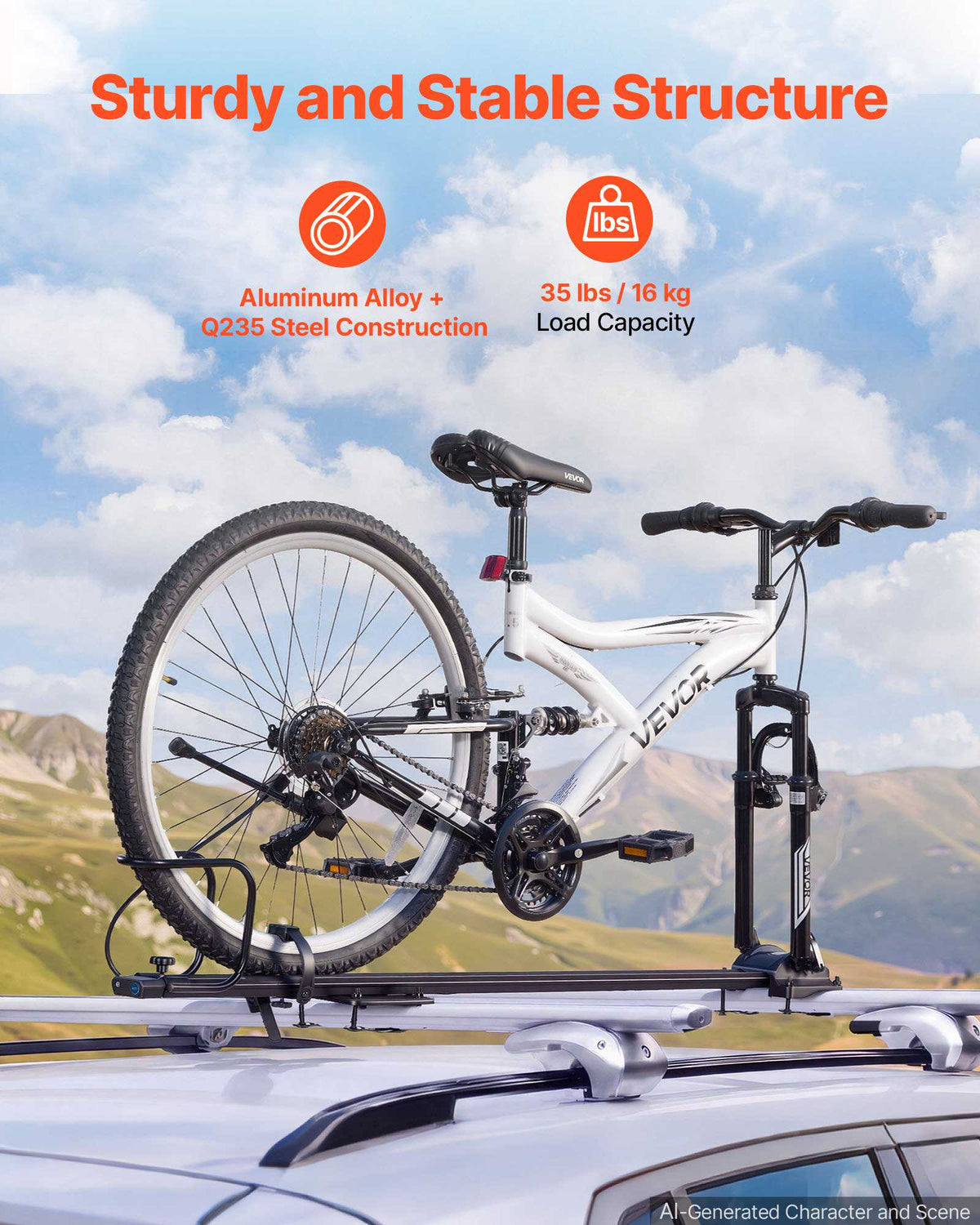 Roof Bike Rack 35 lbs 1 Bike Carrier Upright Rooftop Bicycle Rack, for Car SUV, Aluminum Alloy & Q235 Steel, Roof Mount Carrier for Secure Bicycle Storage and Transport on Vehicles, Black