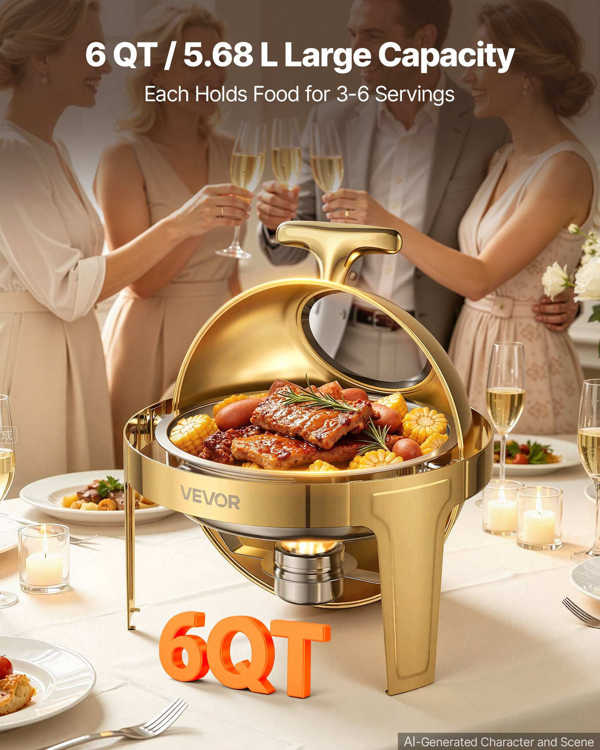1 Pack Chafing Dish for Buffet Set, 6QT/ 5.7L Stainless Steel Chafer, for Banquet Party Wedding Catering Event, Round Roll Top Buffet Servers and Warmers, with 1 Pot, Glass Lid, Tong, Glass Pad