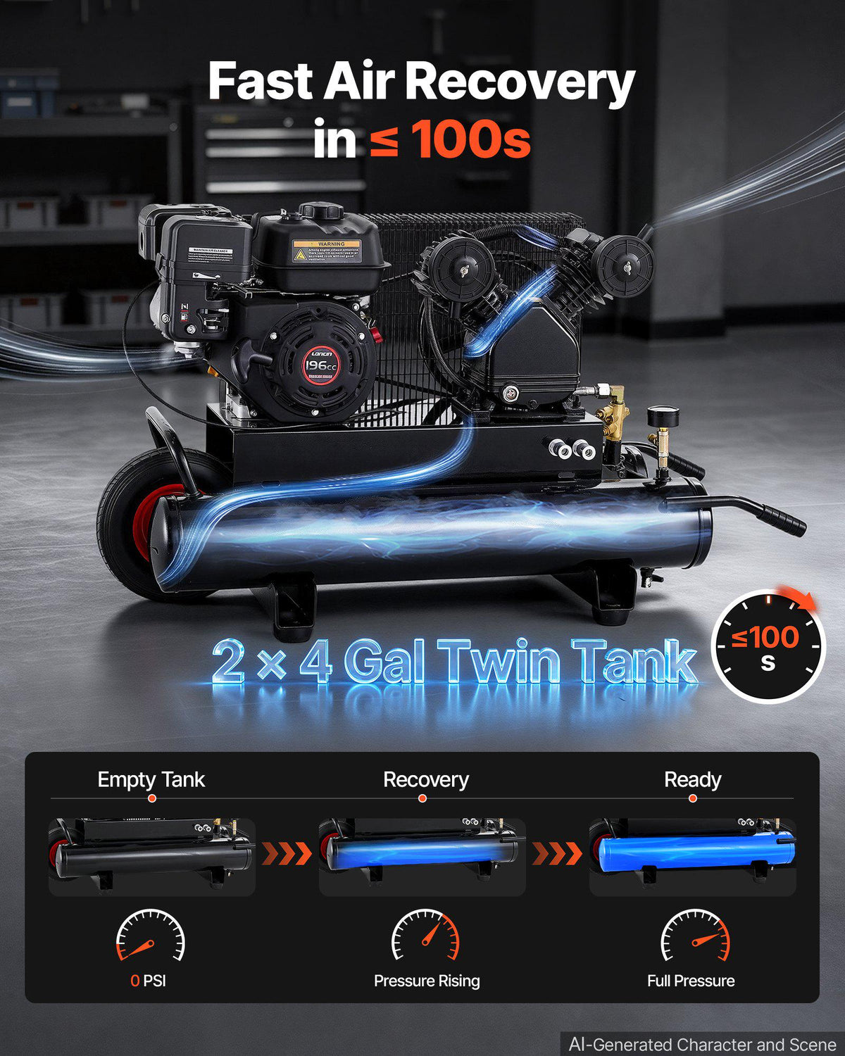 8 Gallon Twin-Tank Gas Powered Air Compressor, 6.5HP 7CFM Air Tank, Gas-Driven Air Compression System with Twin-Cylinder Piston Pump, 115 PSI Max Pressure & Wheel for Workshops (4 Gallon x 2)